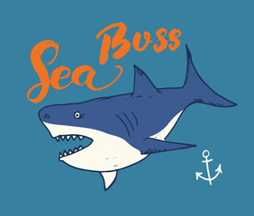 Cute Shark hand drawn sketch, T-shirt print design vector illustration