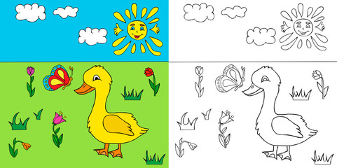 vector, goose in the grass character, book coloring page