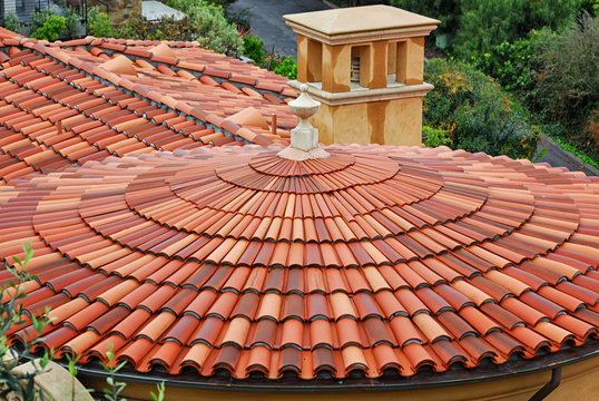 A red tiled roof over a round building in Palos Verdes Estates, California.