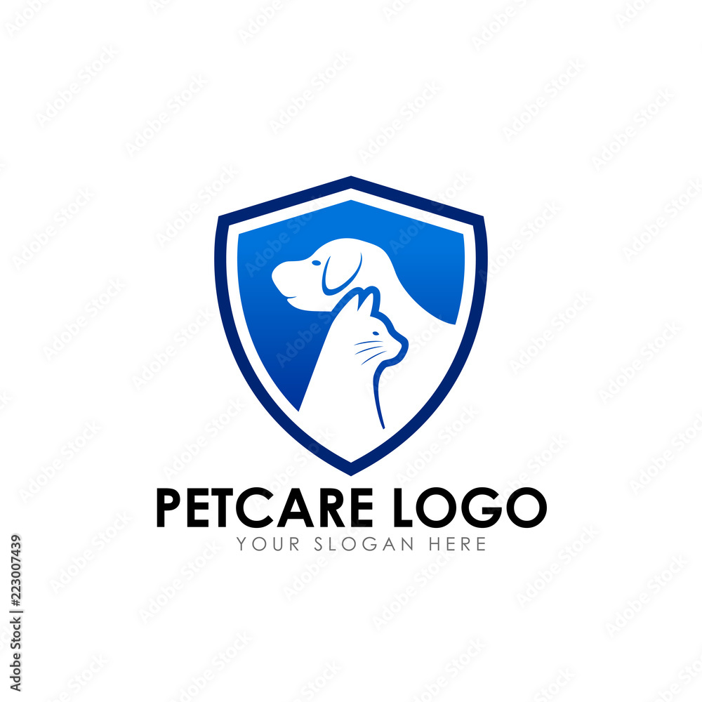 Wall mural pet care and pet clinic logo design template. cat and dog vector silhouette