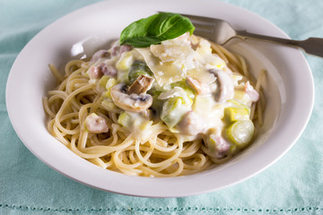  Mushroom and leek pasta on white plate with fork