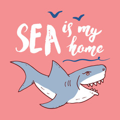 Cute Shark hand drawn sketch, T-shirt print design vector illustration