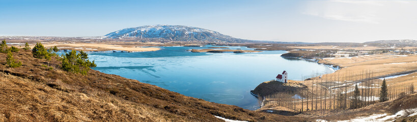 Ulfljotfvatnskirkja, church on lake, Iceland