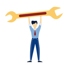 Businessman in suit holding a yellow wrench