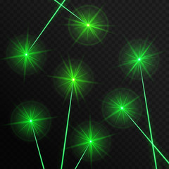 Green laser rays on a transparent background