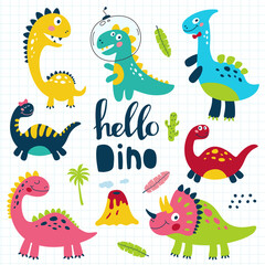Fototapeta na wymiar Set of cute dinosaurs for children print. Vector illustration