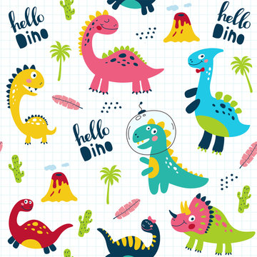 Seamless pattern with cute dinosaurs for children print. Vector illustration