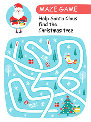 Help Santa Claus find theChristmas tree.  Maze game for kids. Vector illustration 