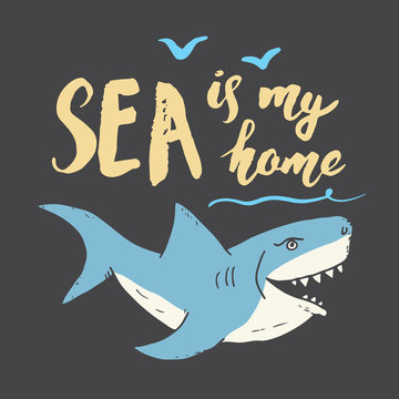 Cute Shark hand drawn sketch, T-shirt print design vector illustration