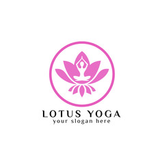 yoga logo design stock. human meditation in lotus flower vector illustration in pink color