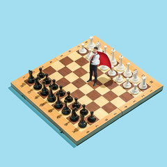 Business decision concept. Miniature people : small businessman figure standing and walking on...