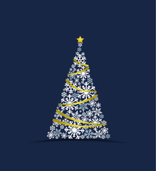 Vector illustration of a Christmas tree made from snow on a blue background. Merry Christmas card with snowflakes
