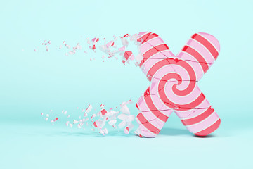 Broken shattered alphabet letter X uppercase. Crushed christmas font made of pink and red striped lollipop. 3D render.