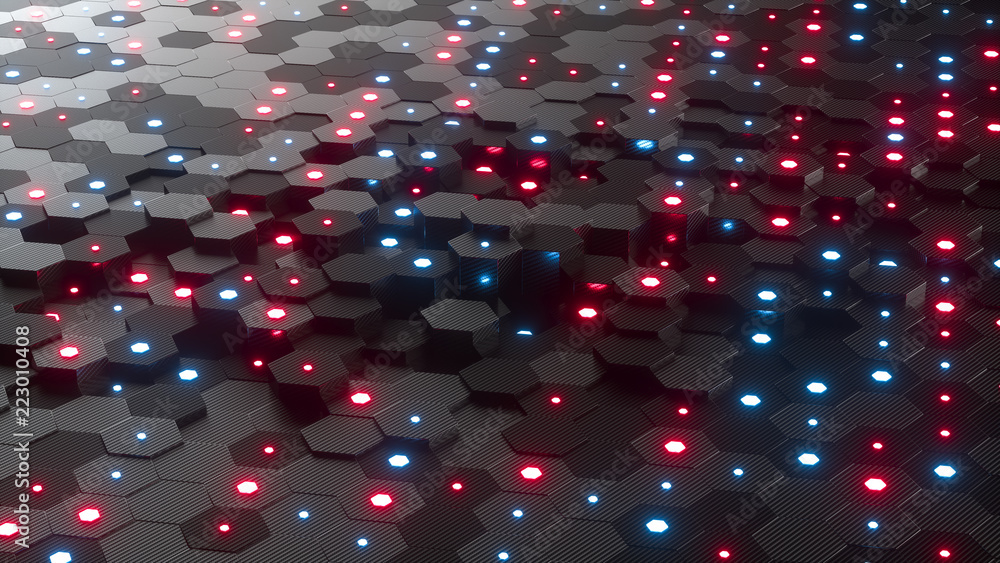 Poster abstract hexagonal geometric background. structure of lots of hexagons of carbon fiber with small gl