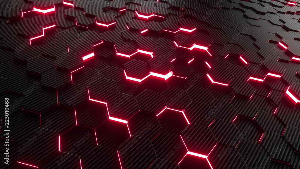 Poster abstract hexagonal geometric background. structure of lots of hexagons of carbon fiber with bright e