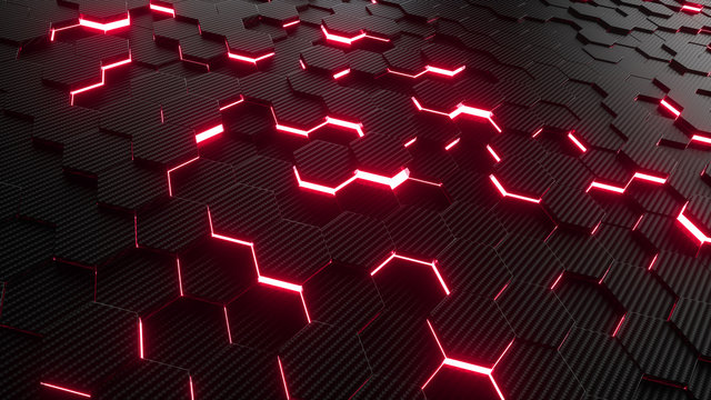 Abstract Hexagonal Geometric Background. Structure Of Lots Of Hexagons Of Carbon Fiber With Bright Energy Light Breaking Through The Cracks. 3d Rendering