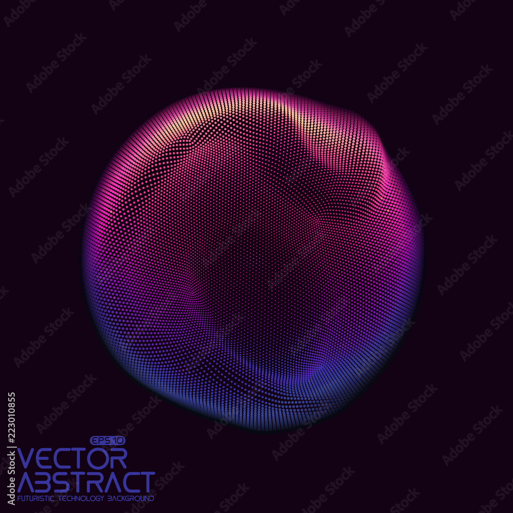 Poster Vector abstract sphere of particles, points array. Futuristic vector illustration. Technology digital splash or explosion of data points. Spherical waveform. Cyber UI or HUD element.