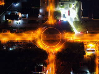 Night city with quadrocopter roundabouts