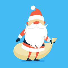Happy funny Santa Claus holding bag with gifts