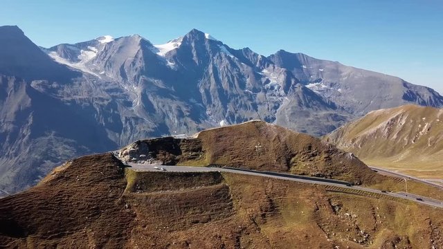 Flight around of Fuscher Torl pass on Grossglockner scenic High Alpine Road, Austria