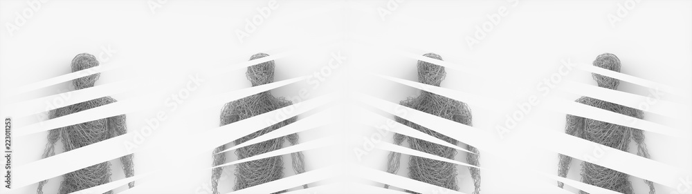 Poster abstract symmetric mannequins made of metal plexus wire on white background. concept of the modern d