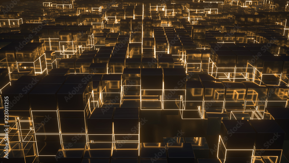 Poster lots of shining metal cubes with glowing grid lines.abstract background with digital technology conn