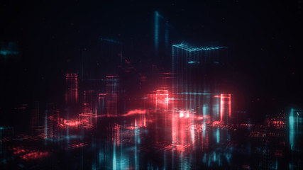 Digital abstract city made of glowing dots. Business skyscrapers. Hologram buildings. Architectural technology structure of luminous lines and particles. Connection concept. 3d rendering