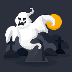 Halloween ghost character vector on scary castle background with moon. Happy halloween. Cartoon vector.