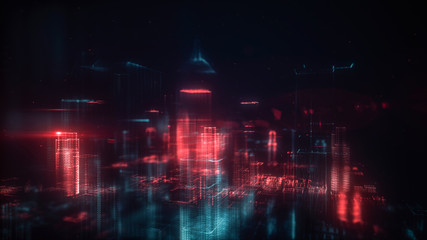 Digital abstract city made of glowing dots. Business skyscrapers. Hologram buildings. Architectural technology structure of luminous lines and particles. Connection concept. 3d rendering
