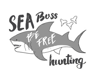 Cute Shark hand drawn sketch, T-shirt print design vector illustration
