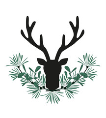 Vector illustration of deer antlers with mistletoe. Christmas card