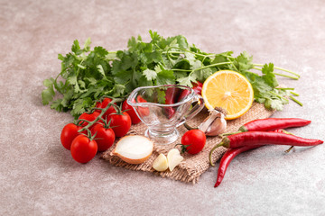 Indredients for traditional mexican red spicy sauce salsa