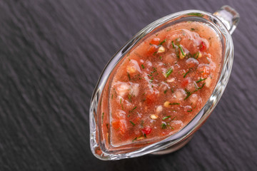 Traditional mexican red spicy sauce salsa. Top view