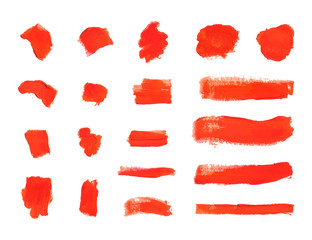 Vector Brush Strokes, Textured Red Paint Smears, Design Elements Set.