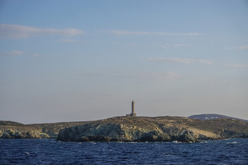 Syros, Greece: The Gaidaros Lighthouse, on Didimi Island off the coast of the Aegean island of Syros, is the tallest lighthouse in Greece.