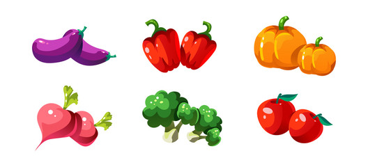 Ripe glossy vegetables, pumpkin, eggplant, pepper, beetroot, broccoli, tomato, game user interface element for video computer games vector Illustration