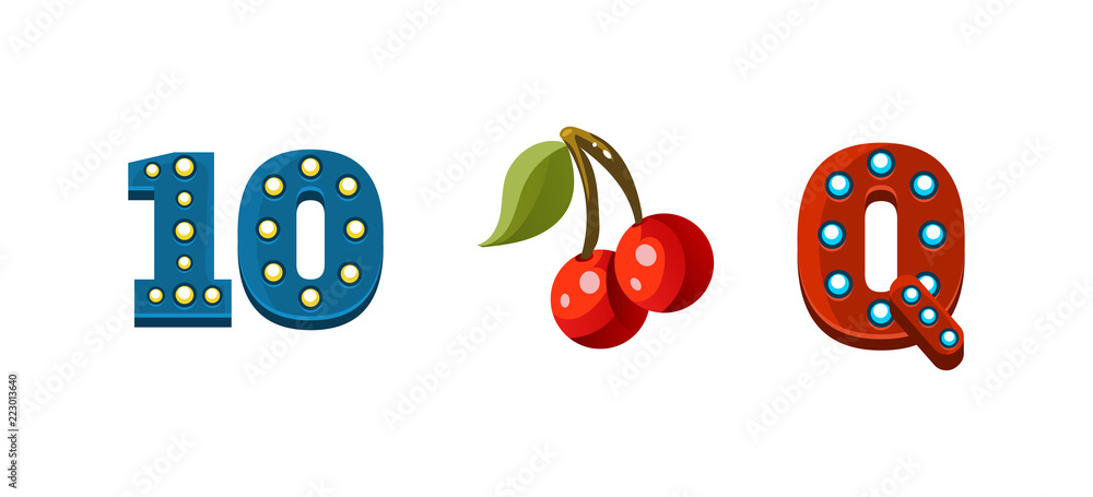 Poster slot machine symbols, game user interface elements for computer or mobile games vector illustration