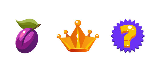 Slot machine symbols, plum fruit, crown, question sign, game user interface element for computer or mobile games vector Illustration