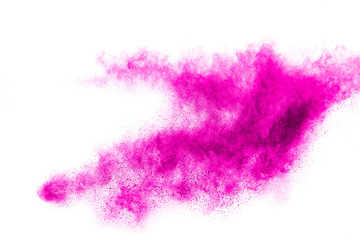 Pink powder explosion on white background. Paint Holi.