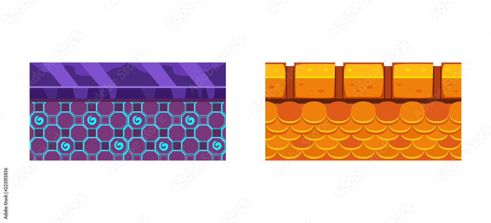 Poster seamless fantasy ground textures, endless platforms for game user interface, element for mobile or c