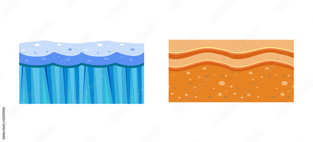 Poster seamless ice and sand ground textures, endless platforms for game user interface, element for mobile
