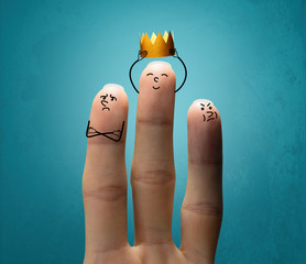 A  middle finger is dressing a gold crown on blue background. Concept of success.