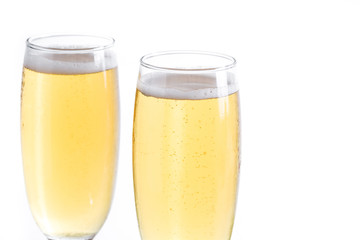Champagne glasses isolated on white background. Copyspace