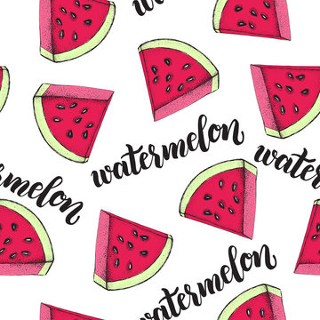 Decorative seamless pattern with triangular slices of watermelon. Ink hand drawn Vector illustration. Texture with brush calligraphy style lettering.