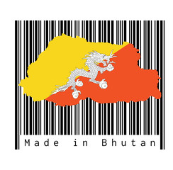 Map outline and flag of Bhutan on black barcode with white background, text: Made in Bhutan. concept of sale or business.