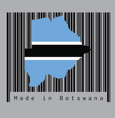 Map outline and flag of Botswana on black barcode with grey background, text: Made in Botswana. concept of sale or business.