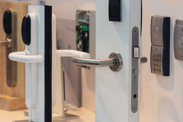 Door locks on the shop window close up. Building Shop