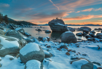 North Lake Tahoe Bonzai Rock Covered in Snow