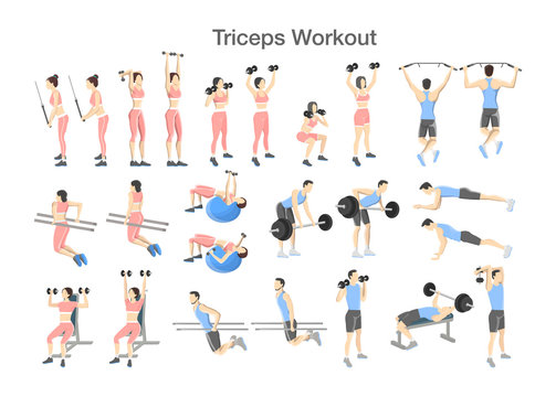 Arm triceps workout set with dumbbell and barbell