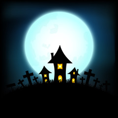 Halloween concept with Castle on ground in full moon night background, Vector illustration